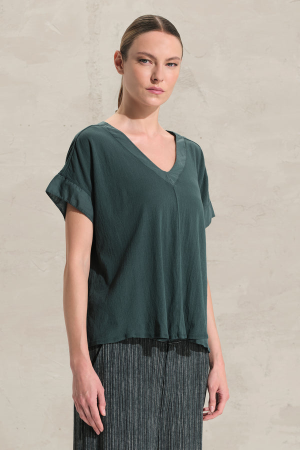 Shirt mit doppeltem V-Ausschnitt aus Baumwollkreppjersey mit Einsätzen aus Baumwollmusselin | 1018.CFDTRDK203.25