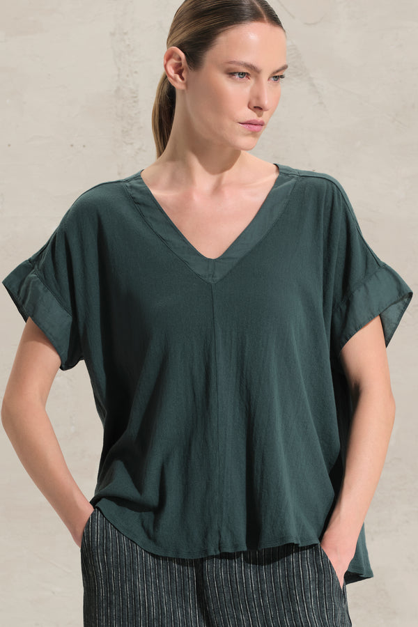 Shirt mit doppeltem V-Ausschnitt aus Baumwollkreppjersey mit Einsätzen aus Baumwollmusselin | 1018.CFDTRDK203.25