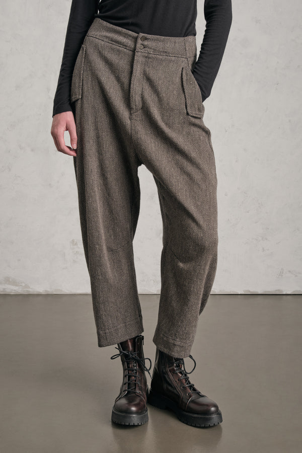 Pantalon ergonomique à entrejambe légèrement bas en laine, lin et coton à micro-motif | 1019.CFDTREA101.31