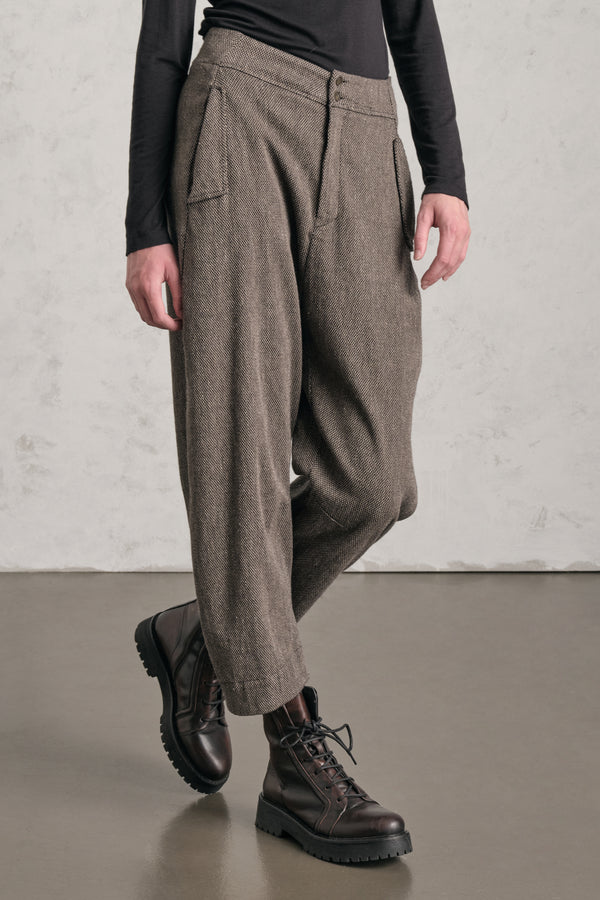 Pantalon ergonomique à entrejambe légèrement bas en laine, lin et coton à micro-motif | 1019.CFDTREA101.31