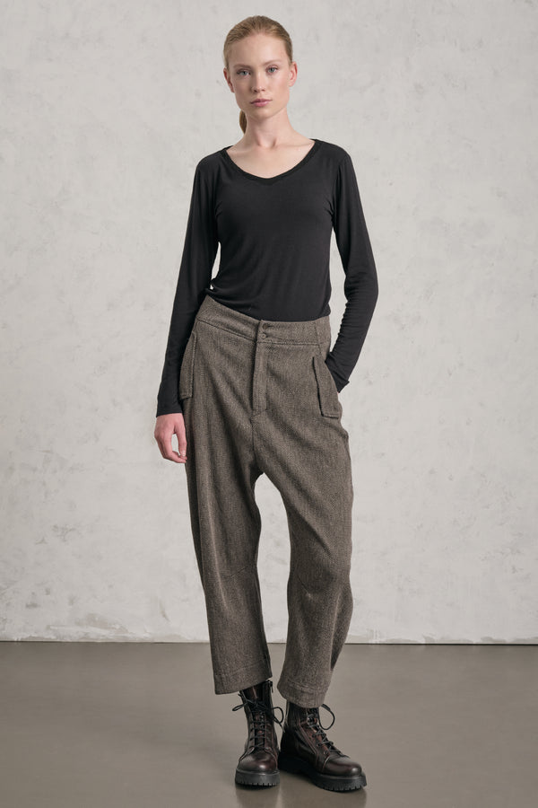 Pantalon ergonomique à entrejambe légèrement bas en laine, lin et coton à micro-motif | 1019.CFDTREA101.31