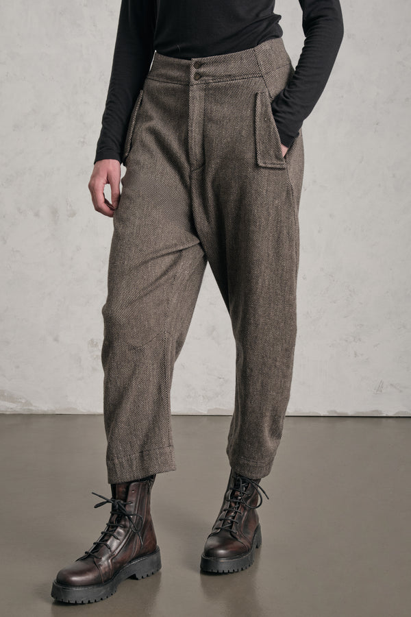 Pantalon ergonomique à entrejambe légèrement bas en laine, lin et coton à micro-motif | 1019.CFDTREA101.31