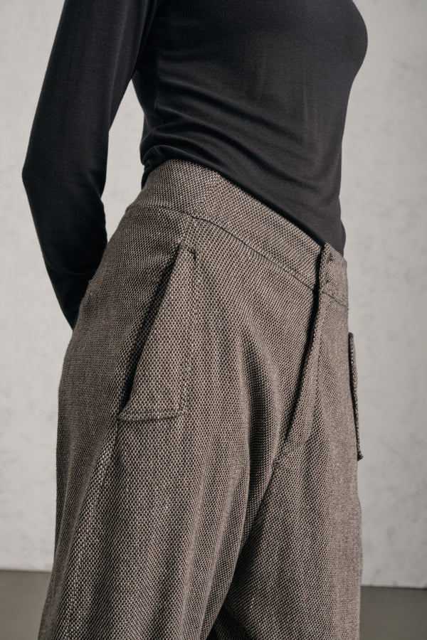 Pantalon ergonomique à entrejambe légèrement bas en laine, lin et coton à micro-motif | 1019.CFDTREA101.31