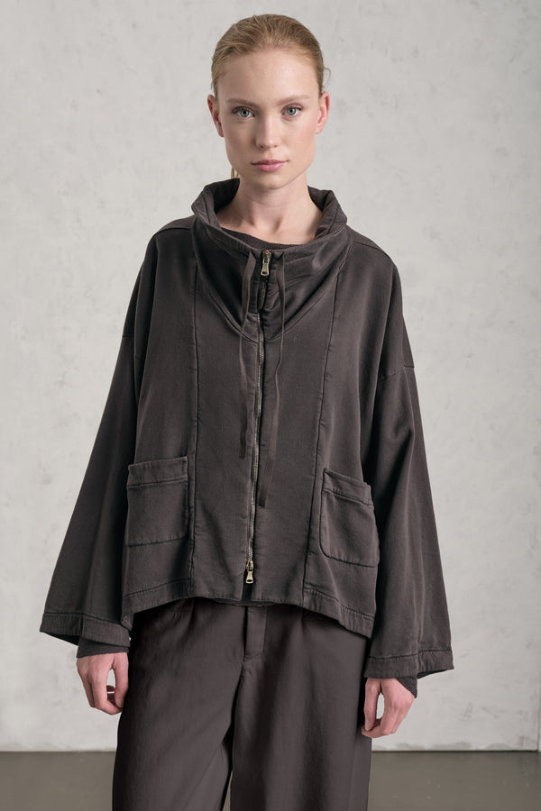 Oversize-Jacke/Sweatjacke mit Reißverschluss, Vulkankragen aus Tencel-Baumwoll-Stretch | 1019.CFDTREN230.06