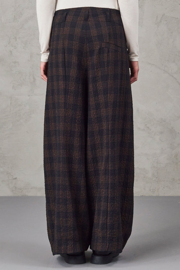 Pantalon palazzo en tissu gaufré de laine mélangée extensible à carreaux | 1010.CFDTRVC122.08