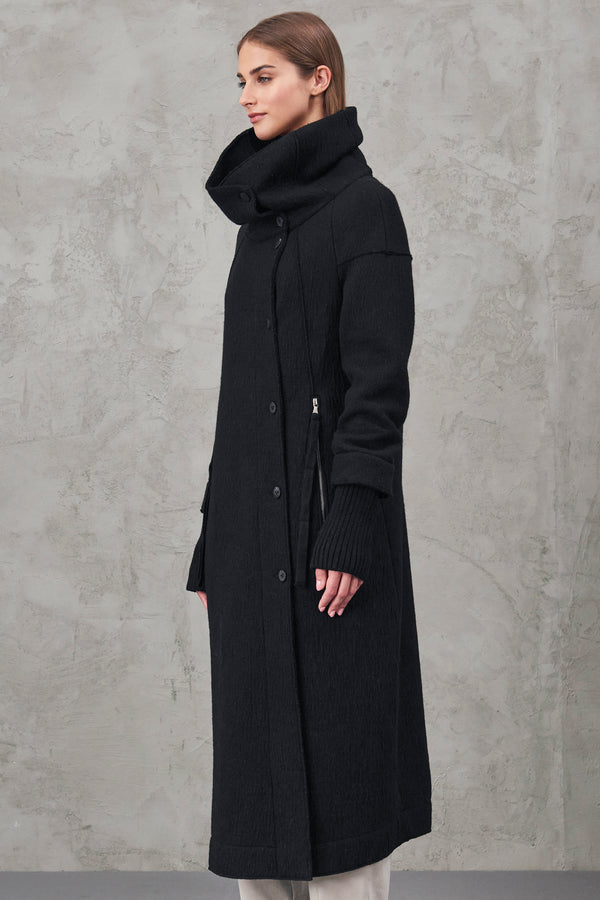 Long slim fit coat in boiled wool knit with high collar