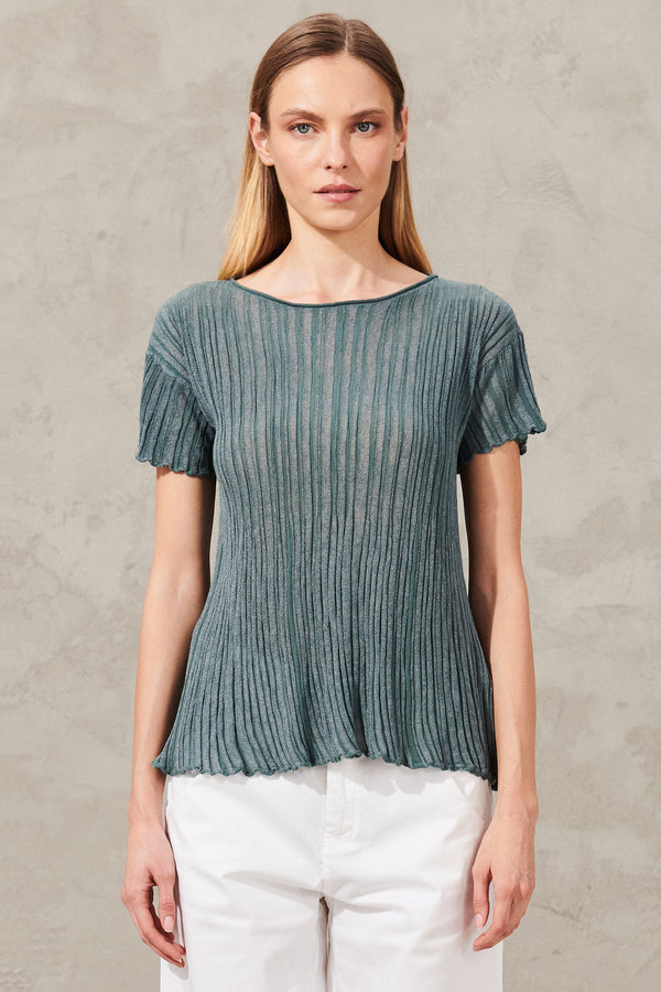 Bicolour lamé-effect ribbed cotton and viscose knit t-shirt | 1011.CFDTRW6410.25