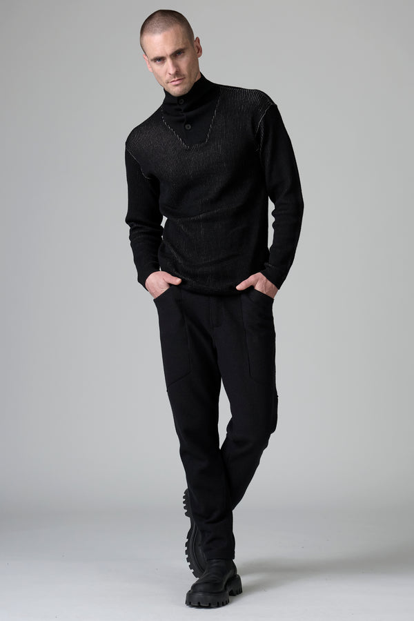 Loose-fit rib knit in virgin wool and linen. Crater collar with four-button opening in front | 1016.CFUTRB15501.U310