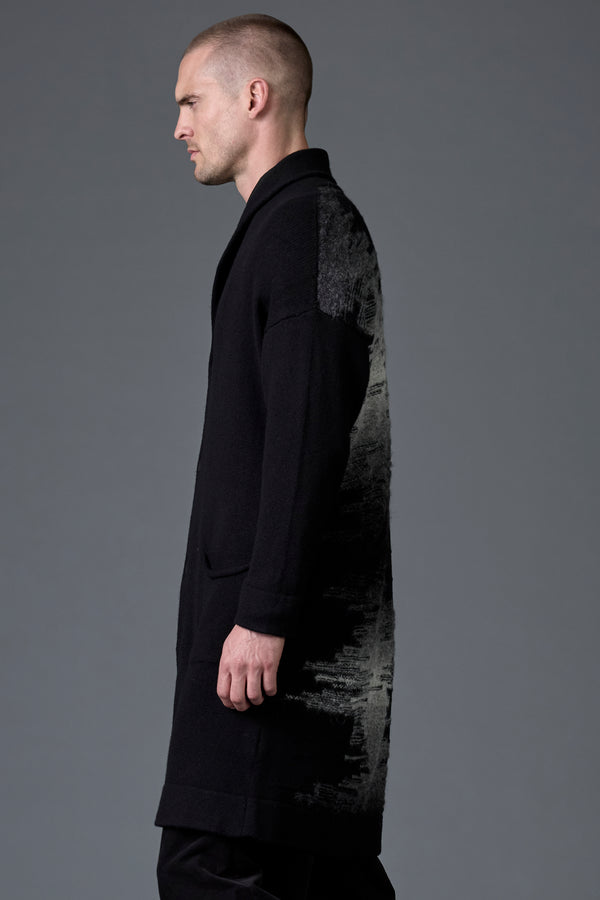 Cardigan lungo loose-fit collo sciallato in lana e alpaca con intarsio sul dorso in filato stampato | 1016.CFUTRB22571.U310