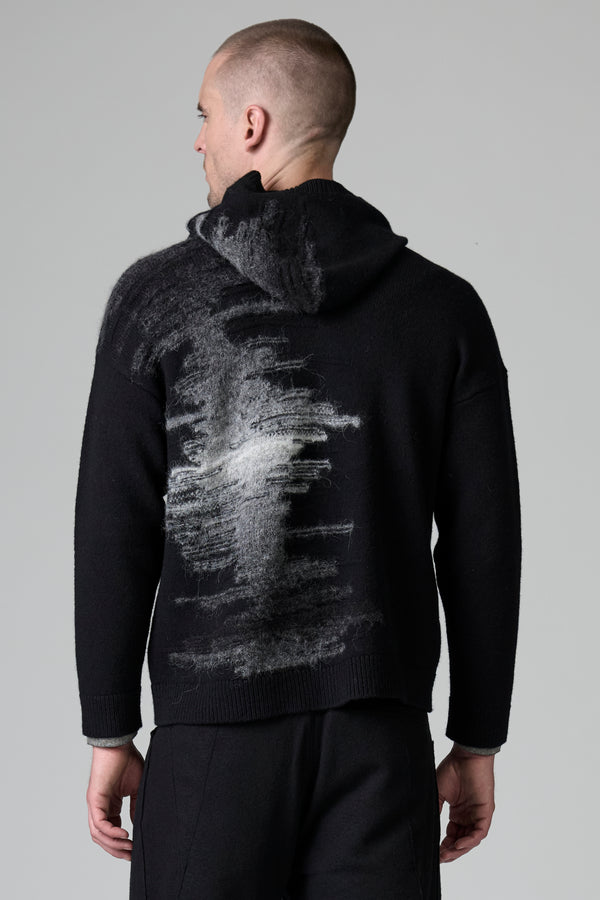 Blouson zippé à capuche coupe loose en laine et alpaga, avec dans le dos un motif en intarsia réalisé avec un fil imprimé | 1016.CFUTRB22572.U310