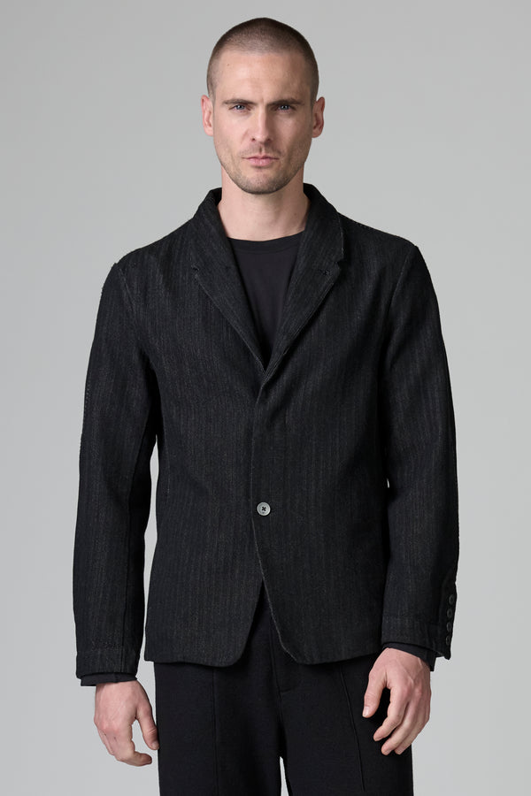 Veste coupe droite à deux boutons en chevron de coton et laine avec couture contrastante en gros fil | 1016.CFUTRBH172.U310