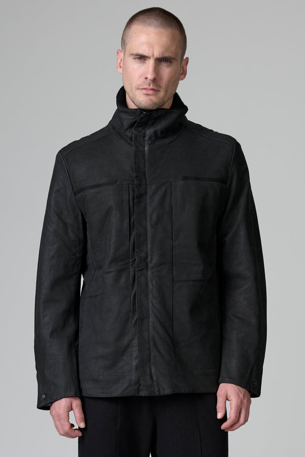 Regular-fit zipped field jacket in waxed leather with boiled wool inserts | 1016.CFUTRBQ261.U10