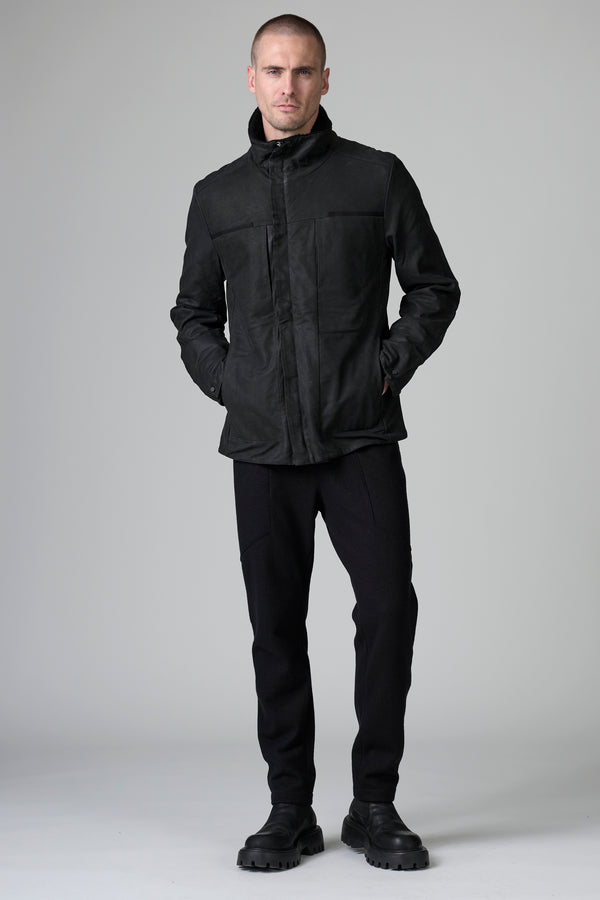 Regular-fit zipped field jacket in waxed leather with boiled wool inserts | 1016.CFUTRBQ261.U10