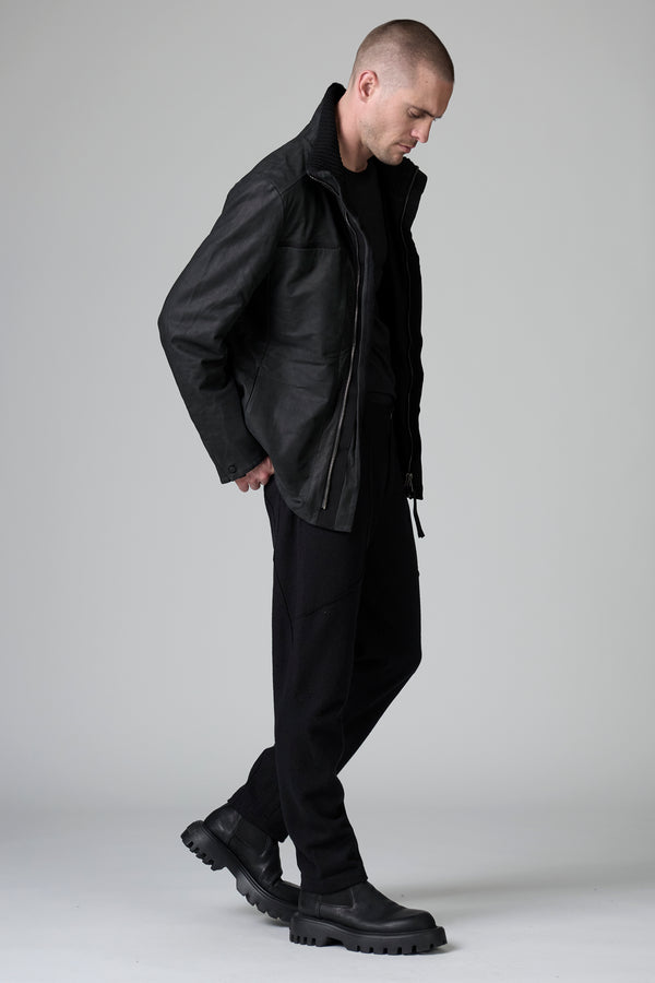 Regular-fit zipped field jacket in waxed leather with boiled wool inserts | 1016.CFUTRBQ261.U10