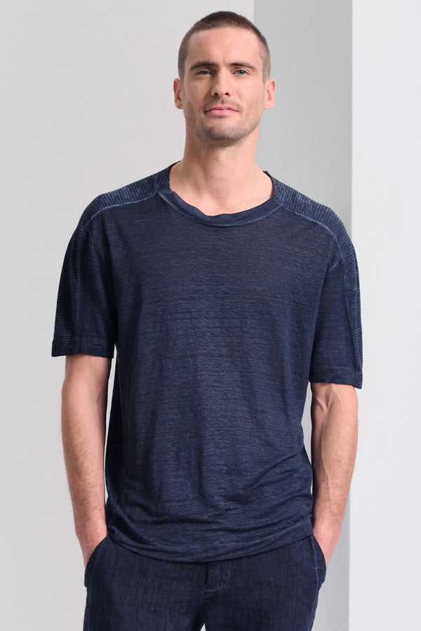 Cold-dyeing loose-fit T-shirt in hemp jersey with knitted inserts | 1017.CFUTRC3380E.U205