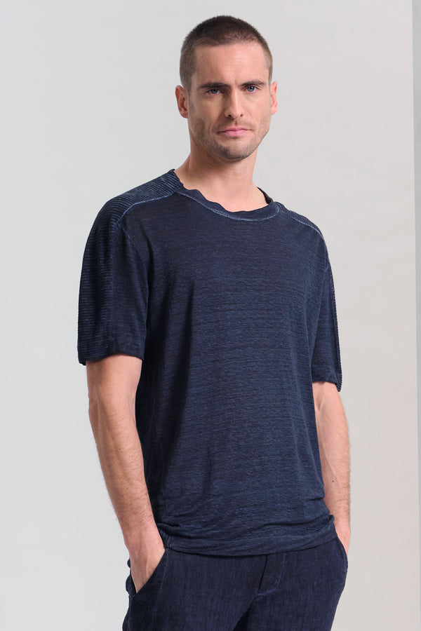 Cold-dyeing loose-fit T-shirt in hemp jersey with knitted inserts | 1017.CFUTRC3380E.U205