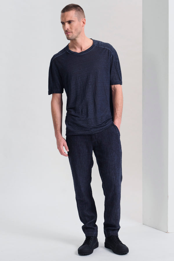 Cold-dyeing loose-fit T-shirt in hemp jersey with knitted inserts | 1017.CFUTRC3380E.U205