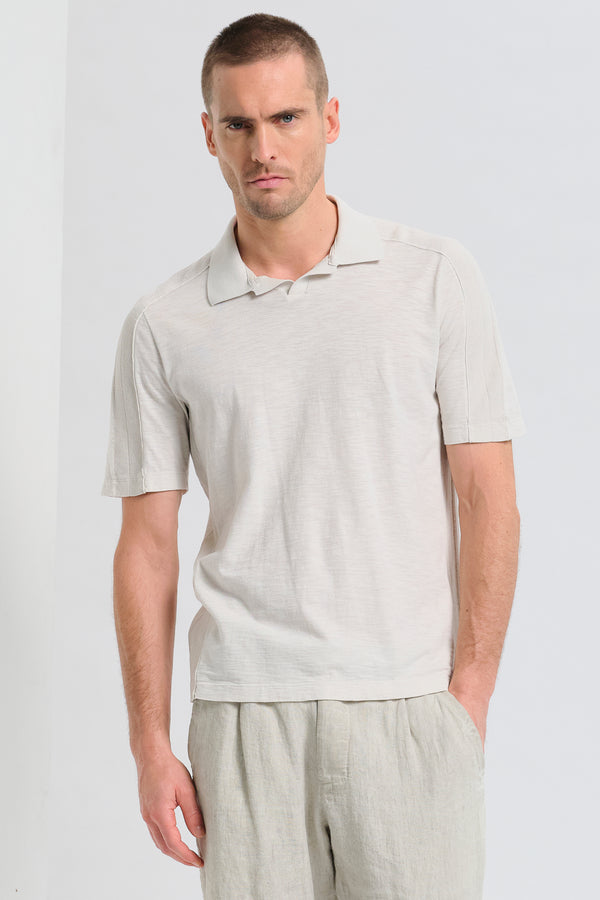 Loose-fit polo shirt with derby collar in slub cotton malfilè jersey with knitted inserts | 1017.CFUTRC5401.U02