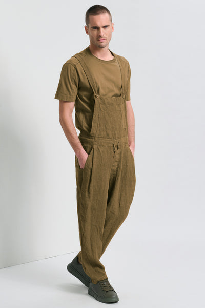 Loose-fit linen overalls with cotton and linen herringbone knit