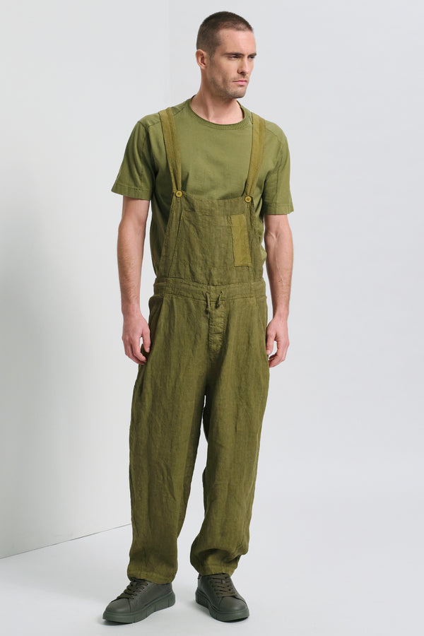 Salopette coupe loose en lin avec applications en maille de coton et lin au point chevron | 1017.CFUTRCD134.U08