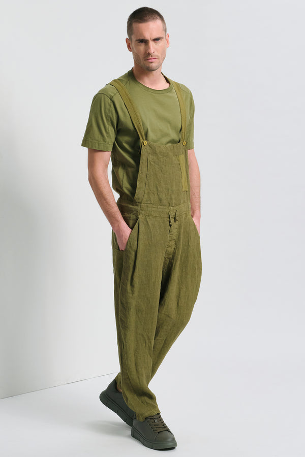 Salopette coupe loose en lin avec applications en maille de coton et lin au point chevron | 1017.CFUTRCD134.U08