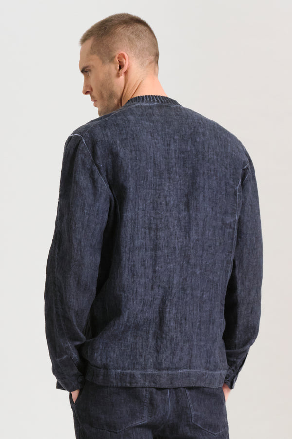 Giacca/cardigan regular fit in tela pesante di lino tinto a freddo, collo e tasche a toppa in maglia | 1017.CFUTRCH172E.U205
