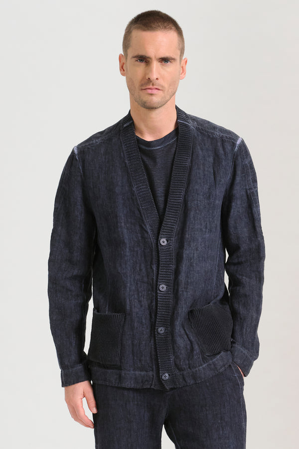 Giacca/cardigan regular fit in tela pesante di lino tinto a freddo, collo e tasche a toppa in maglia | 1017.CFUTRCH172E.U205
