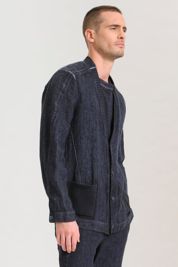 Giacca/cardigan regular fit in tela pesante di lino tinto a freddo, collo e tasche a toppa in maglia | 1017.CFUTRCH172E.U205