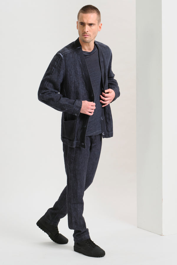 Giacca/cardigan regular fit in tela pesante di lino tinto a freddo, collo e tasche a toppa in maglia | 1017.CFUTRCH172E.U205