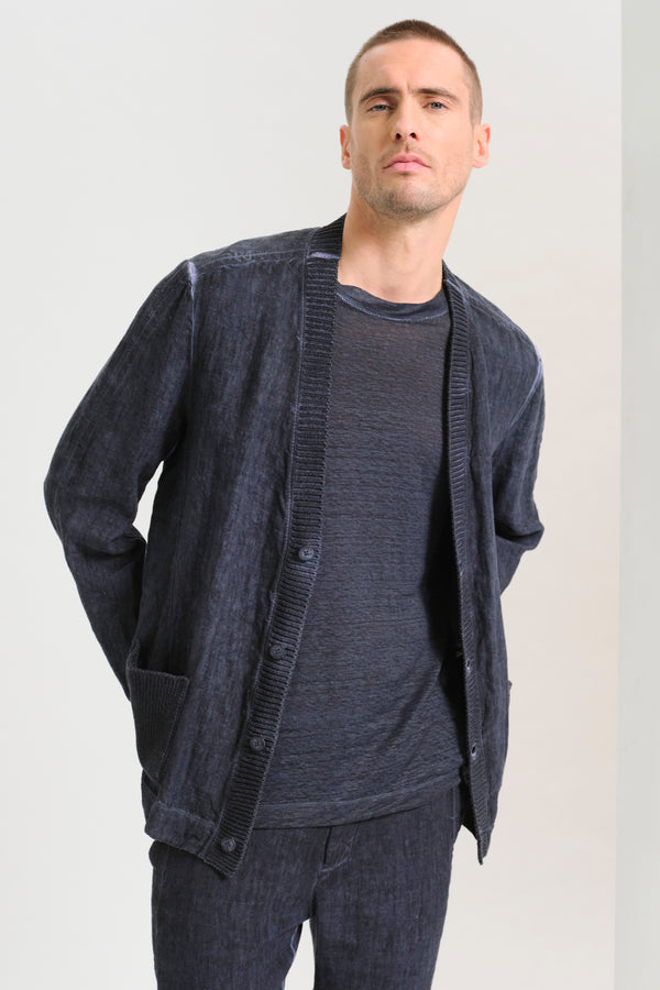 Giacca/cardigan regular fit in tela pesante di lino tinto a freddo, collo e tasche a toppa in maglia | 1017.CFUTRCH172E.U205