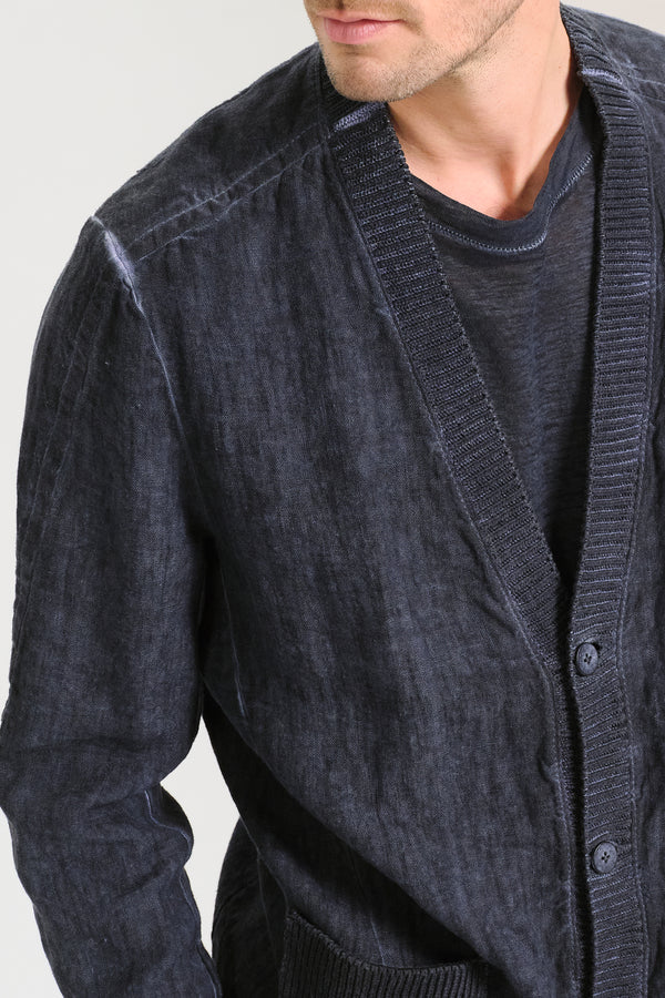 Giacca/cardigan regular fit in tela pesante di lino tinto a freddo, collo e tasche a toppa in maglia | 1017.CFUTRCH172E.U205