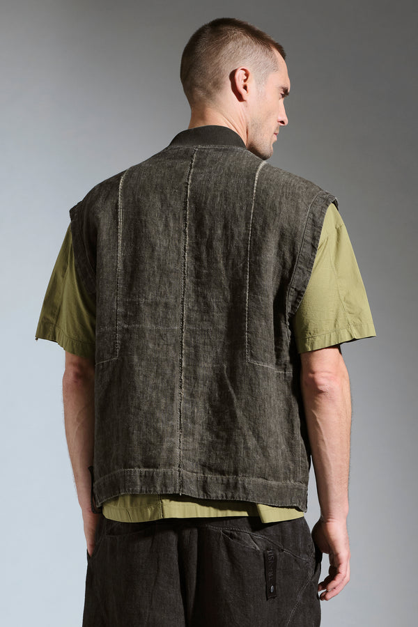 Gilettone oversize zippato in tela pesante di lino con tintura a freddo e con collo in maglia | 1017.CFUTRCH175E.U204