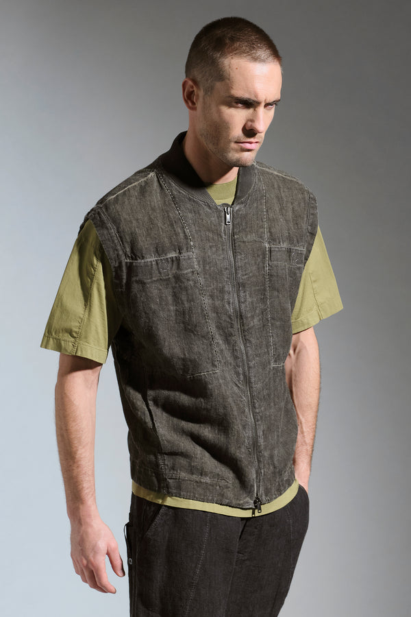 Gilettone oversize zippato in tela pesante di lino con tintura a freddo e con collo in maglia | 1017.CFUTRCH175E.U204