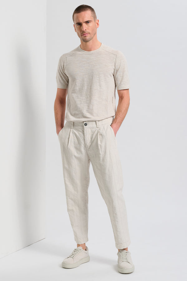 Loose fit trousers with front pleats in thick and striped slub cotton | 1017.CFUTRCL210.U302