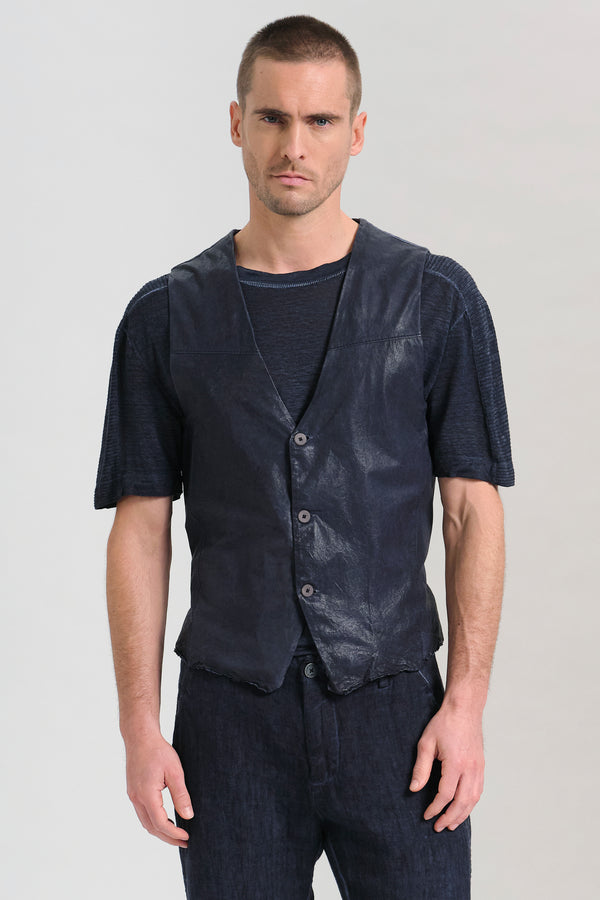 Gilet slim fit in pelle leggera di agnello. schiena in lino con cinturino regolabile | 1017.CFUTRCP251.U05