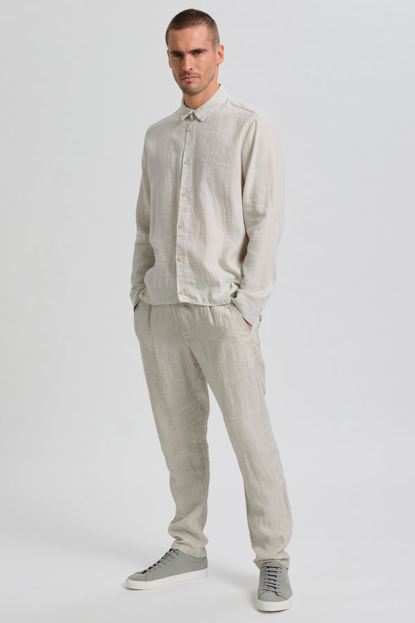 Chemise coupe loose en coton et lin léger rayé avec coutures au point peigne sur les épaules | 1017.CFUTRCW320.U02