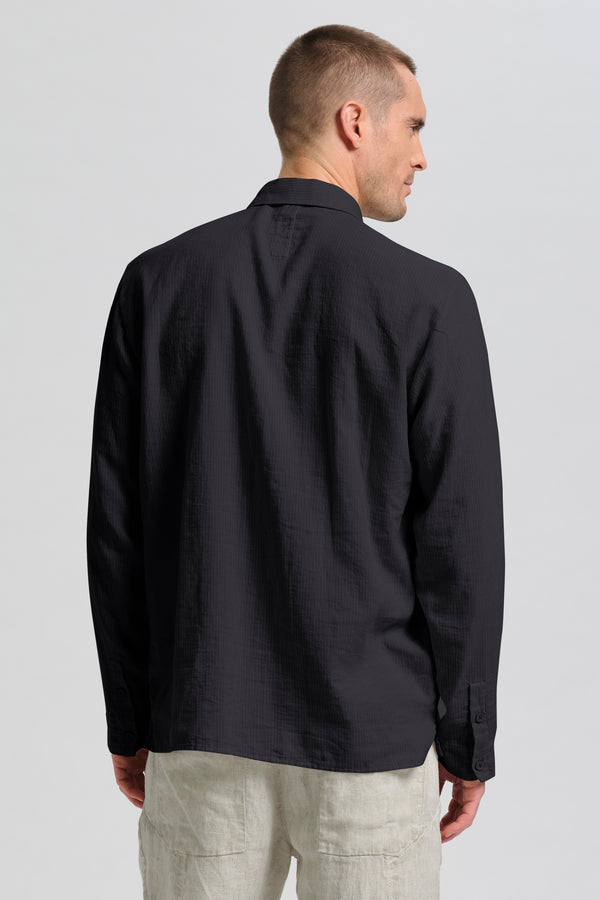 Chemise coupe loose en coton et lin léger rayé avec coutures au point peigne sur les épaules | 1017.CFUTRCW320.U12