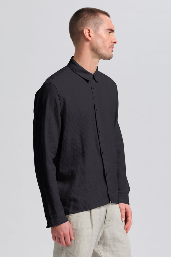 Chemise coupe loose en coton et lin léger rayé avec coutures au point peigne sur les épaules | 1017.CFUTRCW320.U12