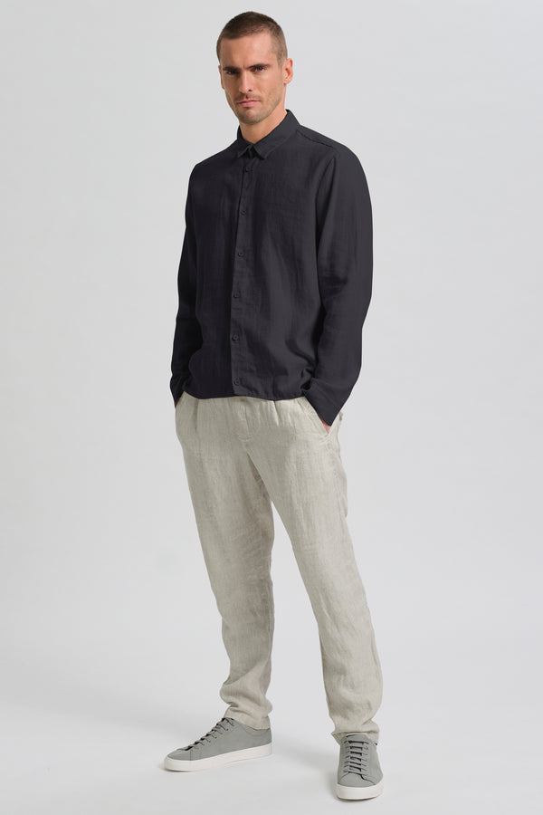 Chemise coupe loose en coton et lin léger rayé avec coutures au point peigne sur les épaules | 1017.CFUTRCW320.U12