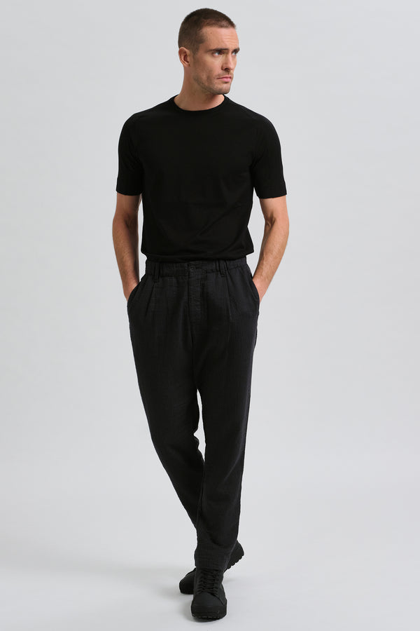 Pantalon chino coupe droite en coton et lin léger rayé avec taille élastique | 1017.CFUTRCW321.U12