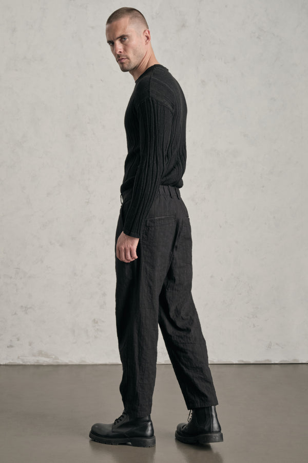 Pantalon tobi loose en tissu rayé et chiné de coton mélangé avec détails faits main | 1019.CFUTREI181.U310