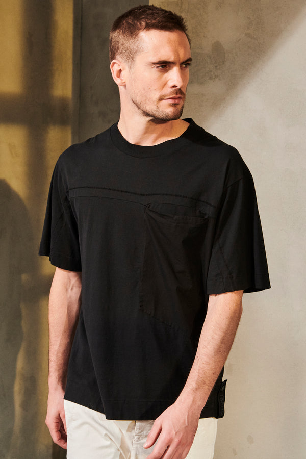 Oversized t-shirt in cotton jersey and poplin with knit insert and big patch pocket | 1011.CFUTRW1366.U10