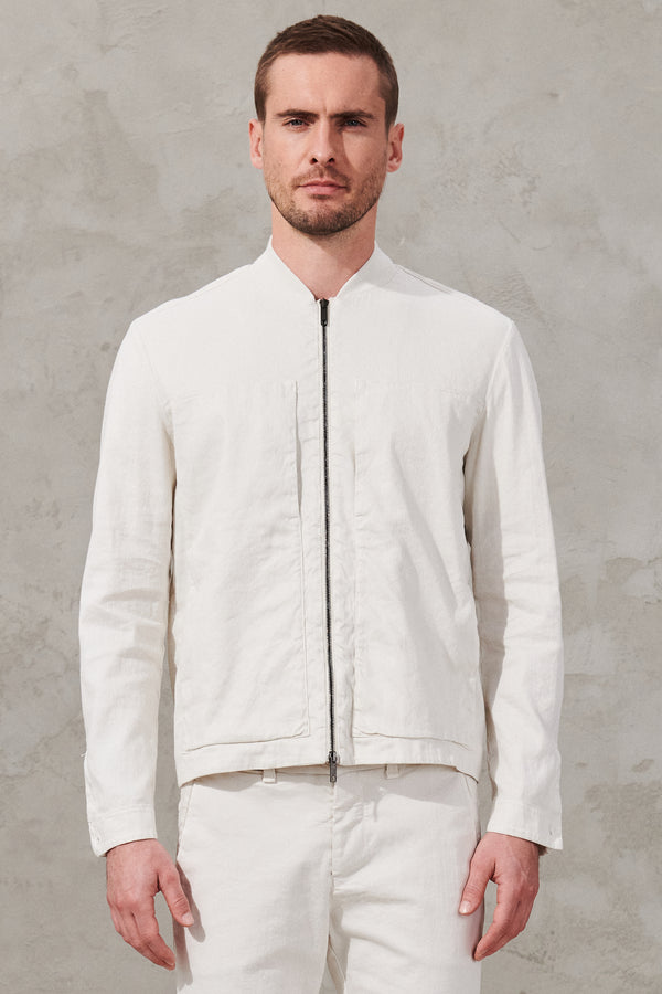 Regular-fit zipped jacket in stretch cotton and linen drill. cotton knit collar | 1011.CFUTRWF151.U01