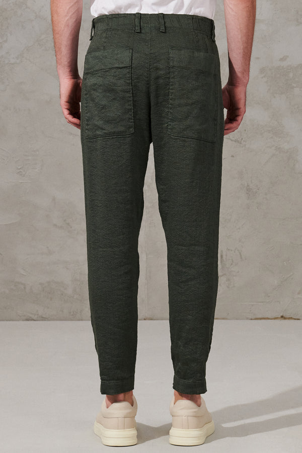 Cropped trousers in textured linen and viscose stretch with elastic waistband | 1011.CFUTRWH170.U04