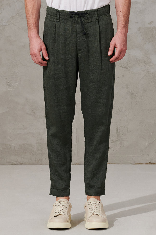 Cropped trousers in textured linen and viscose stretch with elastic waistband | 1011.CFUTRWH170.U04