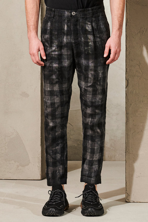 Pantalon chino effet tie & dye coupe droite en lin quadrillé avec ceinture élastique | 1011.CFUTRWI180EC.U310