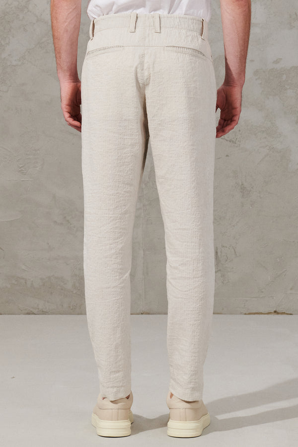 Pantalon chino coupe droite en tissu double face rayé de coton et lin avec ceinture élastique | 1011.CFUTRWJ191.U302