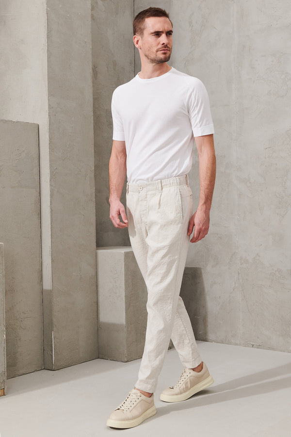 Pantalon chino coupe droite en tissu double face rayé de coton et lin avec ceinture élastique | 1011.CFUTRWJ191.U302