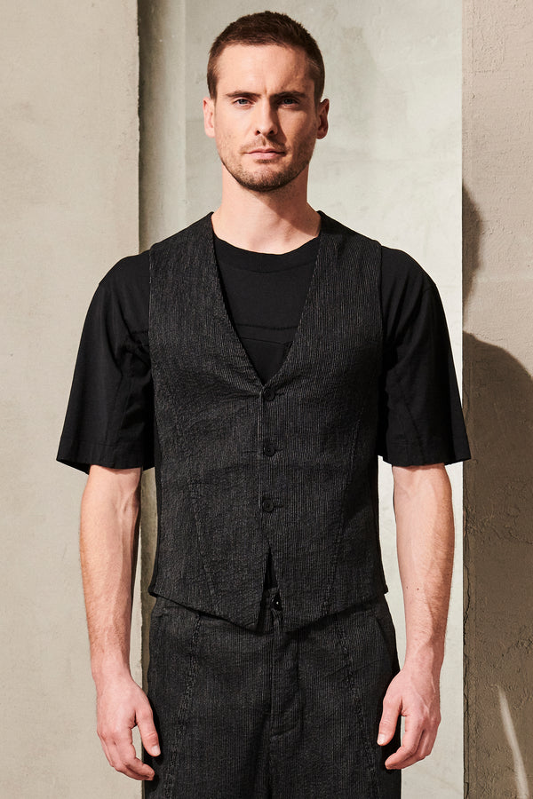 Waistcoat in embossed micro pinstripe cotton and linen with back in elastic linen knit | 1011.CFUTRWK202.U110