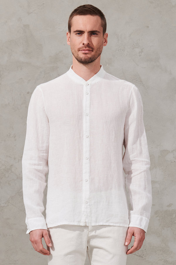 Regular-fit mao neck linen shirt with linen knit inserts. | 1011.CFUTRWV312.U00
